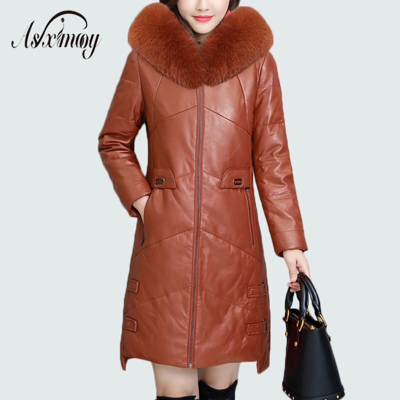 2019 Black Leather Jacket Women 2018 Winter Hooded Warm Down Plus 2019 Black Leather Jacket Women 2018 Winter Hooded Warm Down Plus Size Faux Fur Coat Long With Fox Collar Elegant From Yangfan515