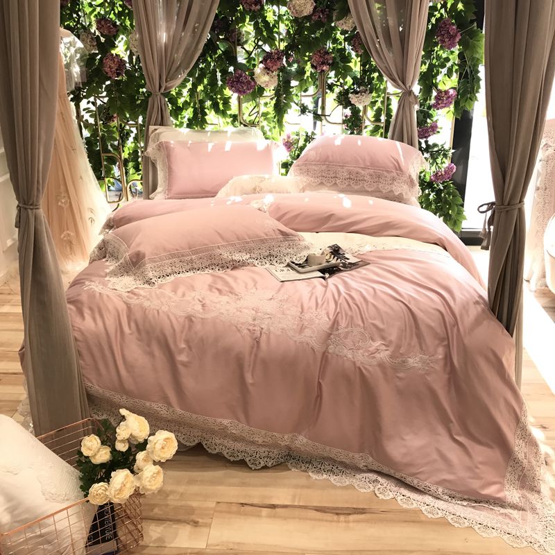 100s Pima Cotton Pink Luxury Lace Embroidery Bedding Set Queen King 100s Pima Cotton Pink Luxury Lace Embroidery Bedding Set Queen King Size Duvet Cover Bed Linen Sheet Pillowcases 4 Black Comforter Full Bargain