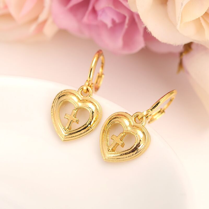 2020 14 K Fine Gold Filled Heart Cross Meaning Earrings Women/Girl,Love Trendy Jewelry For ...