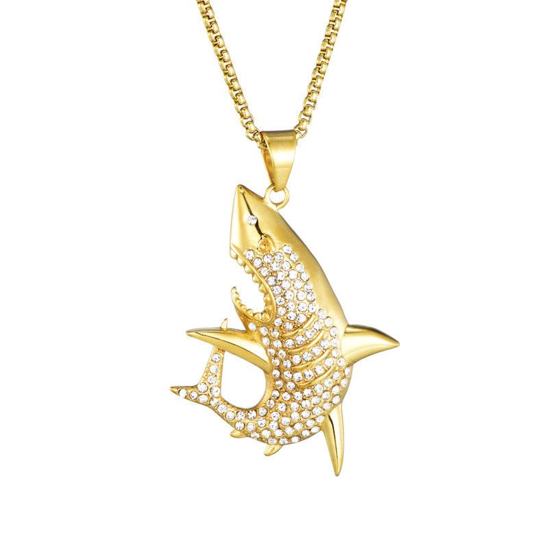 Whole Shark Pendant Necklace Gold Plated Stainless Steel Inlaid Whole Shark Pendant Necklace Gold Plated Stainless Steel Inlaid Crystal 60cm Chain Uni Accessories Hip Hop Jewelry Key Bar