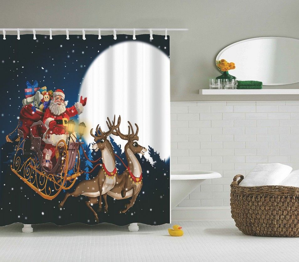 180x180CM Waterproof Bathroom Fabric Shower Curtain Christmas Snowman Santa USA