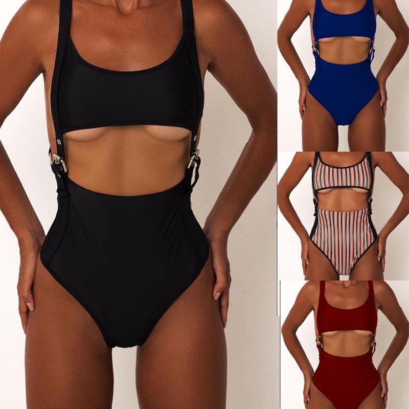 Negras Bikini Push Metal Pieza Cinturón Traje Negro Rayas Alto New Una Baño Sexy 2018 De Up Hebilla Corte Trajes b6Y7gyf