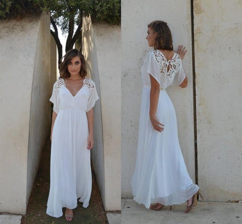 Discount 2018 Long Chiffon Beach Wedding Dresses Ankle Length V Neck
