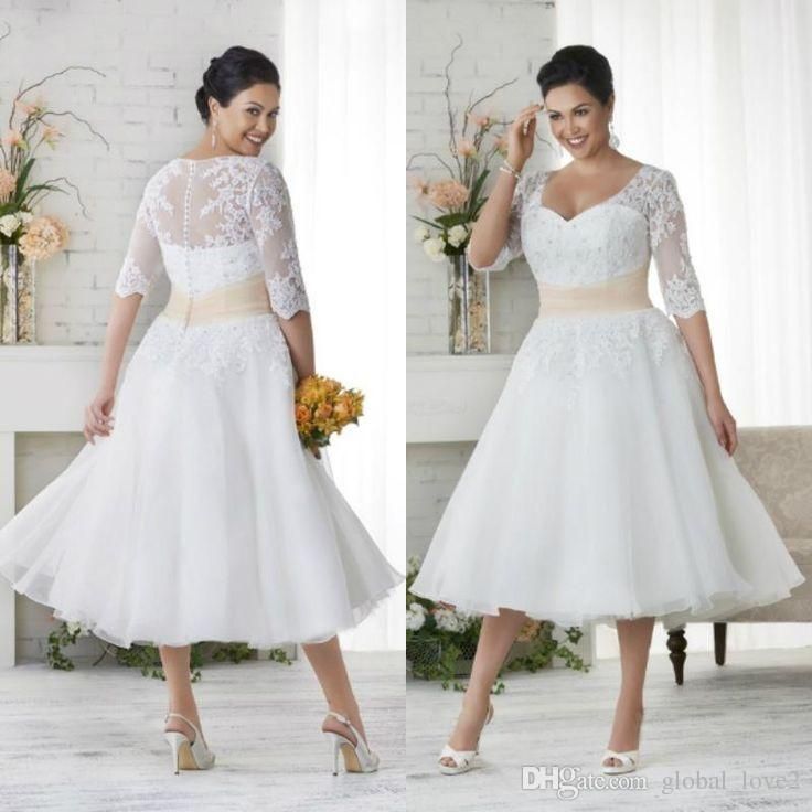 Discount Plus Size Wedding Dresses With Sleeves A Line V Neck Ball