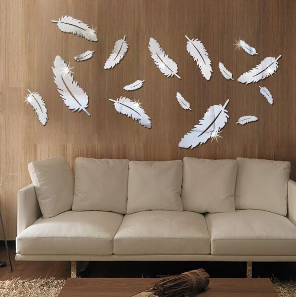 feather designed 3d mirror wall stickers 3d feathers mirror wall