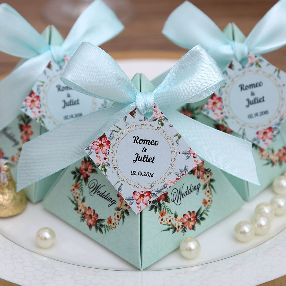Pink Purple Tiffany Blue Floral Pyramid Wedding Favor Candy Boxes