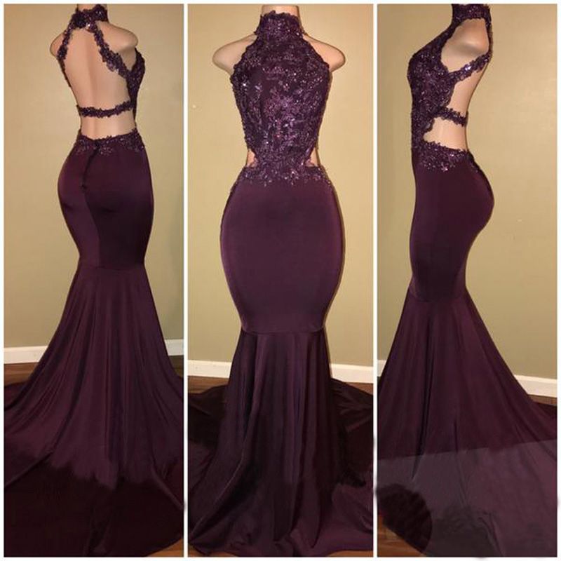 Sexy Dark Purple Mermaid Evening Dresses 2018 New Lace Top Halter ...