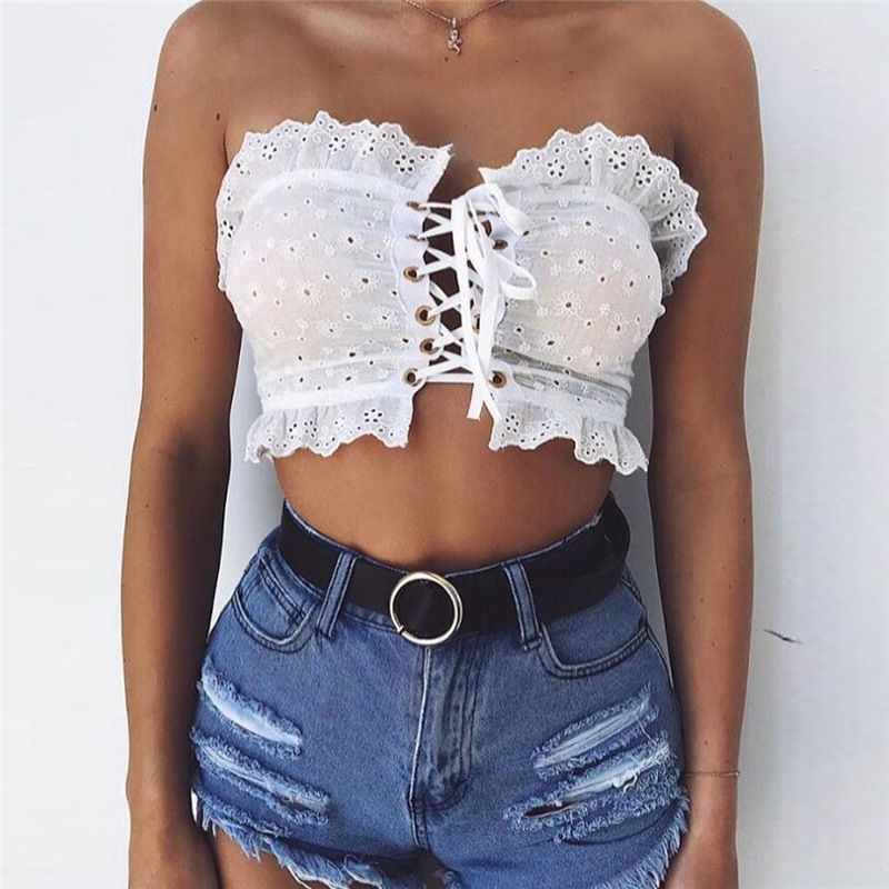 Discount Sexy Summer Women White Lace Up Tie Camisole Tank Female Strapless Bustier Crop Tops