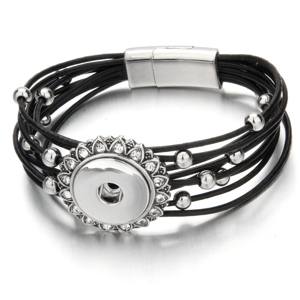 Brand New Black Leather Women&#39;S Fashion Jewelry 18MM DIY Charms Snaps Bracelets Wholesale Silver ...