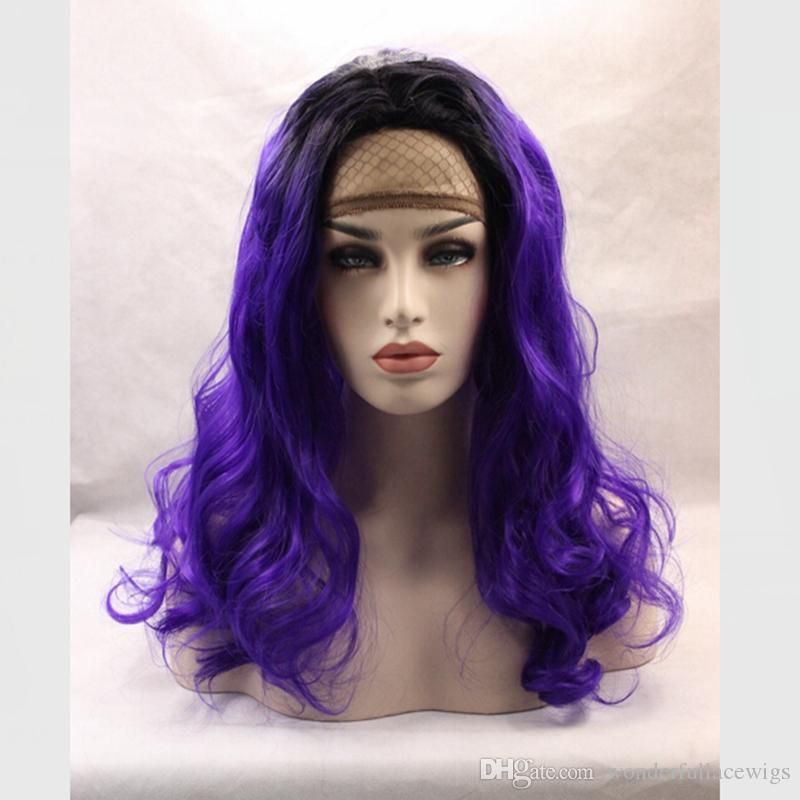 Cheap Long Purple Synthetic Lace Wigs Natural Wave Middle Part