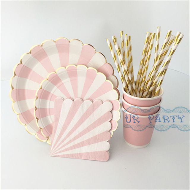 Pink Stripe Gold Party Tableware Paper Plates Cups Napkins Drinking Color Paper For New Year Best Letterpress