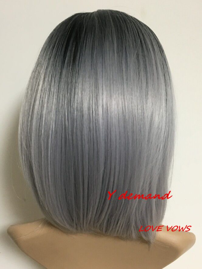Fashion Short Straight Ombre Black Grey Afro Wig Synthetic Wigs