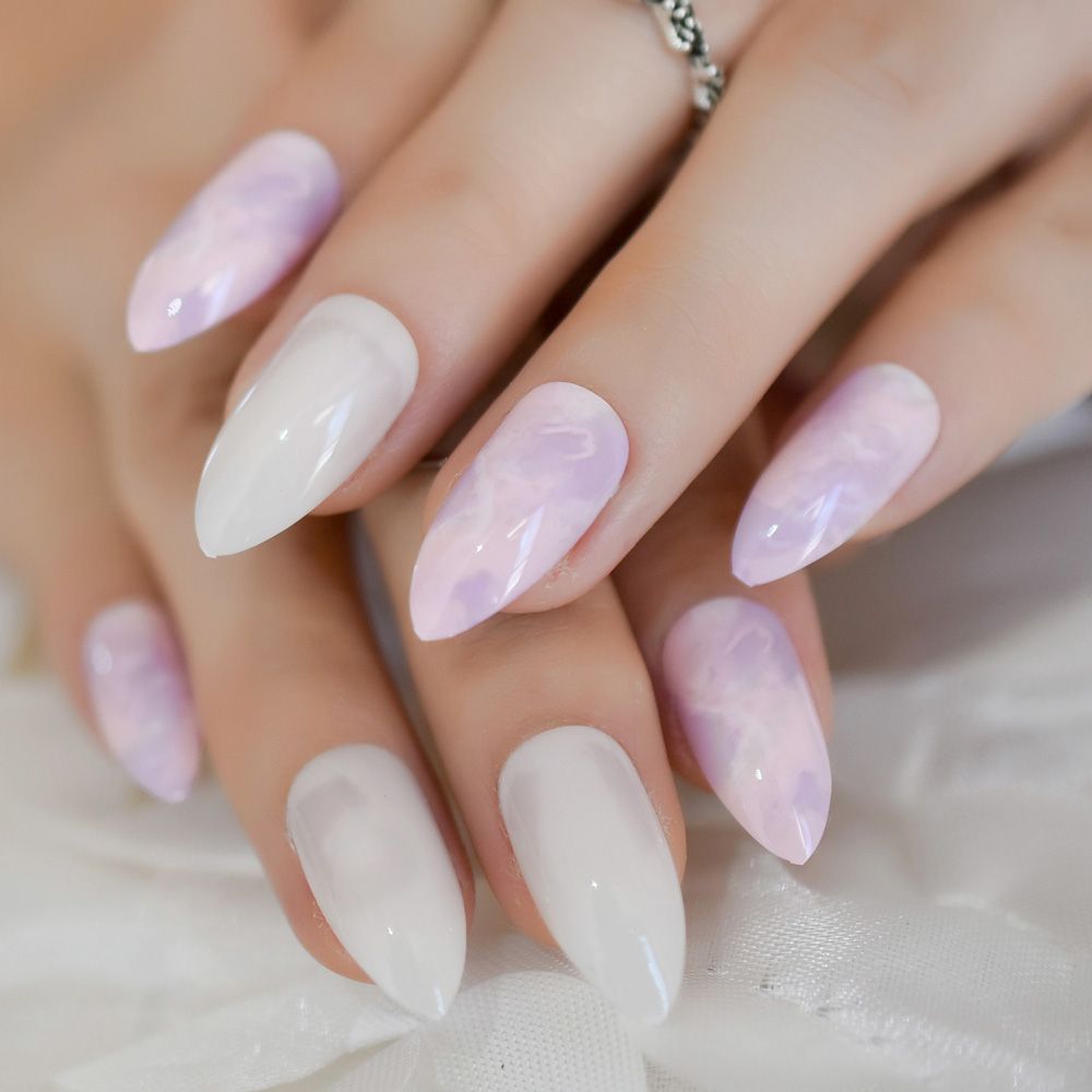 Purple And White Marble Design Nail Art Kit Stiletto Medium False Purple And White Marble Design Nail Art Kit Stiletto Medium False