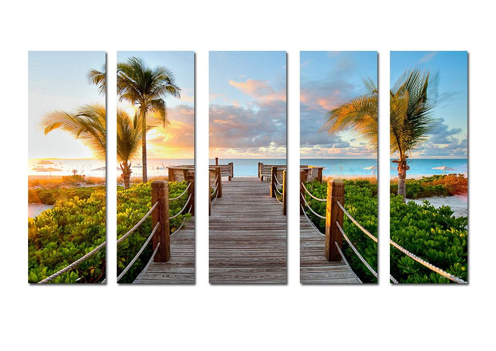 Large Contemporary Hd Canvas Print 5 Pieces Beach Wall Art Palm Tree Sunset Seascape Landscape Painting Picture Living Room Decor Aset294