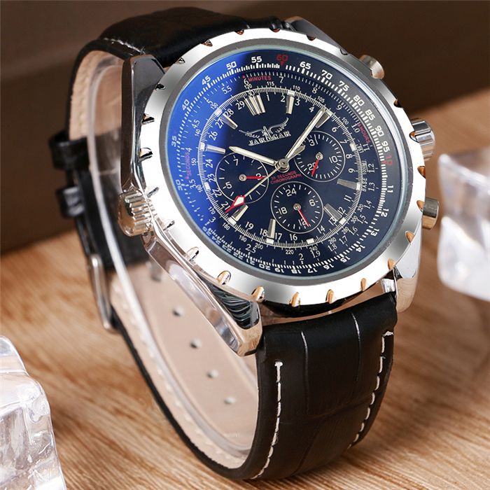 JARAGAR Luxury Men Watches Blue Mineral Glass Sport Leather Auto