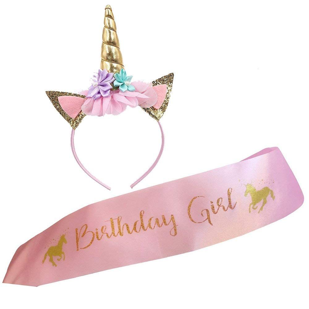 2019 Unicorn Headband And Birthday Girl Sash Set Gold Glitter Unicorn