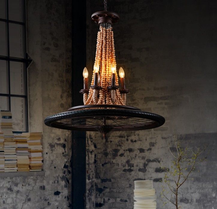 Iron Bicycle Wheel Hemp Rope Wood Bead Chandeliers American Village Iron Bicycle Wheel Hemp Rope Wood Bead Chandeliers American Village Retro Industrial Wind Restaurant Cafe Bar Llfa Pendant Lighting