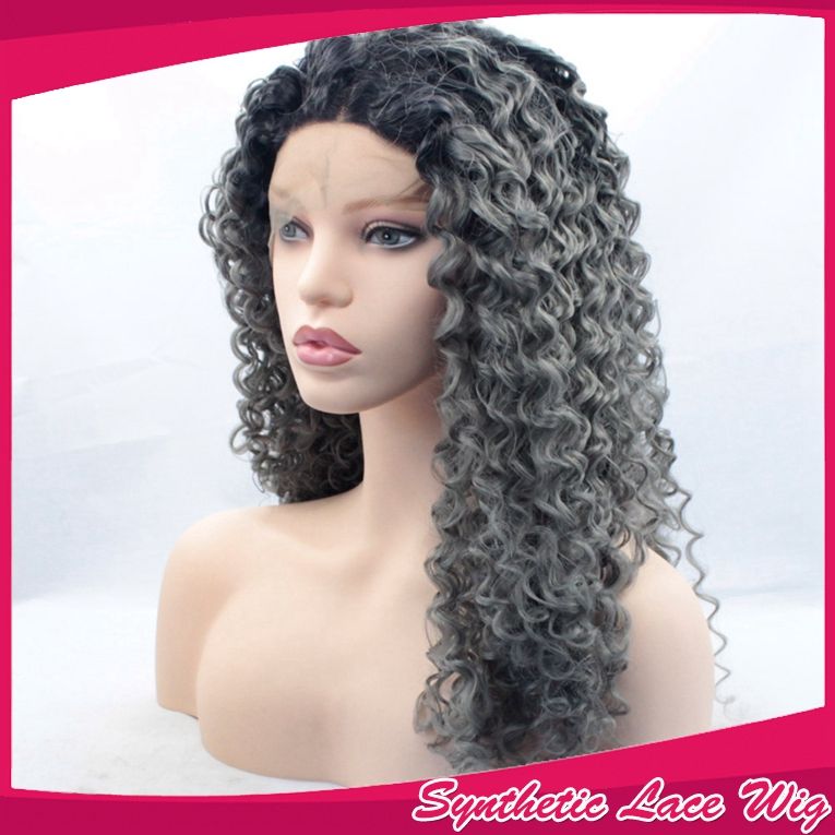 Long Synthetic Afro Kinky Curly Lace Front Wig Afro Dark Grey Ombre Natural Looking Dip Dye 180 Density Wig For Afro Women Half Wigs Curly Wigs From