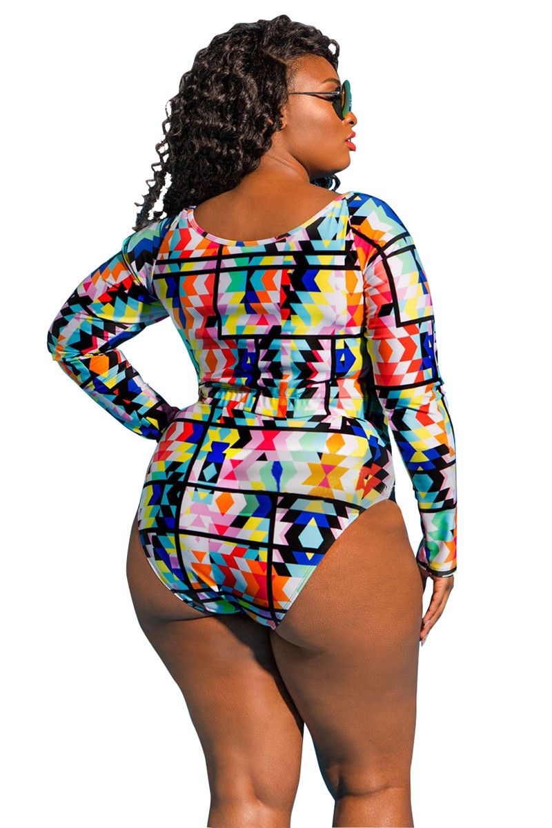 2021 Long Sleeve Swimsuit African Printing Bandage Monokini Plus Size