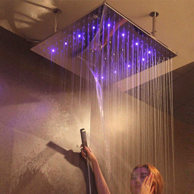 Shower Head Hot Cold Control Big Led Light Faucet Set Brushed Mixer Showers Bathroom Rainfall Waterfall Mist Fall Ceiling Mounted
