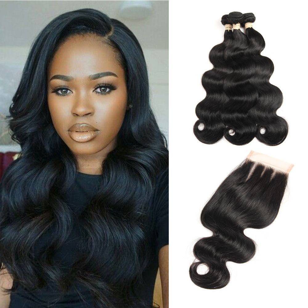 Hc Human Hair Weaves 3 Bundles Brazilian Body Wave With Closure 4