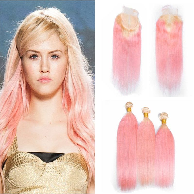 2019 Blonde Pink Ombre Hair Extensions With Lace Closure Pink Hair