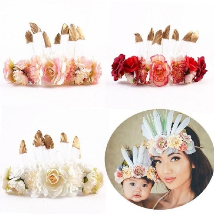 2 Pc Set Boho Feather Flower Crown For Mom Kids Hair Bands Baby Headbands Mother Kids Matching Headwear Hair Accessories