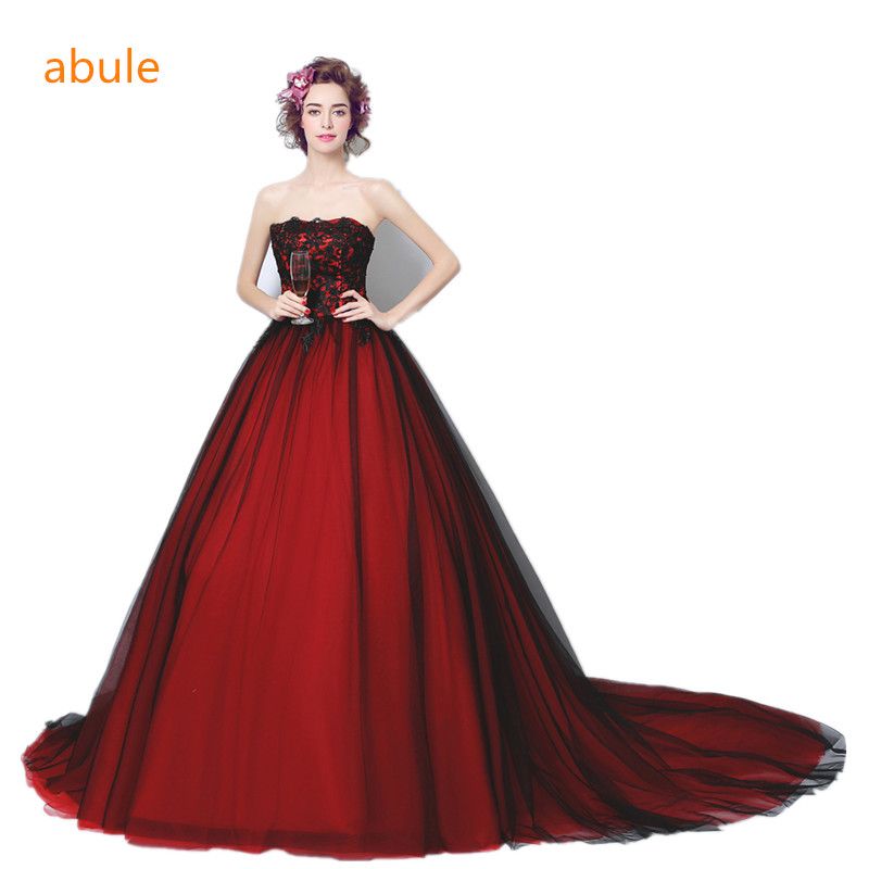  Wedding  Dress  2019 Red  Wine Black  Lace  Train Strapless 
