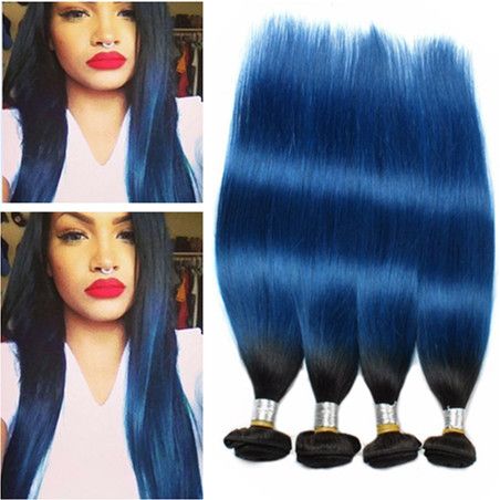 Dark Root 1b Blue Ombre Brazilian Human Hair 4bundles Straight Hair Weaves Extensions 2tone Ombre Dark Blue Virgin Human Hair Wefts