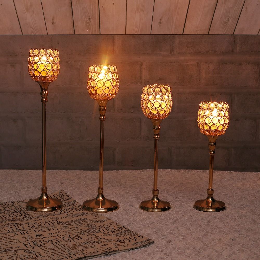 Gold Crystal Tealight Candlesticks Pillar Candle Holders Lantern For Home Wedding Coffee Bar Table Centerpiece Party New Year Decoration