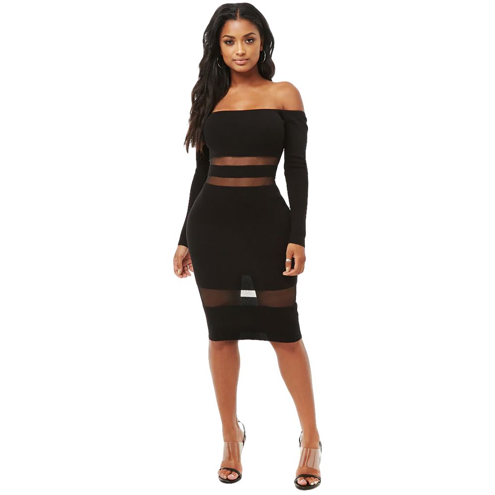 Épaule Cintrée Ajustée Robe À Mini Tube Manches Longues Et Femme Moulante c4RjL3Aq5