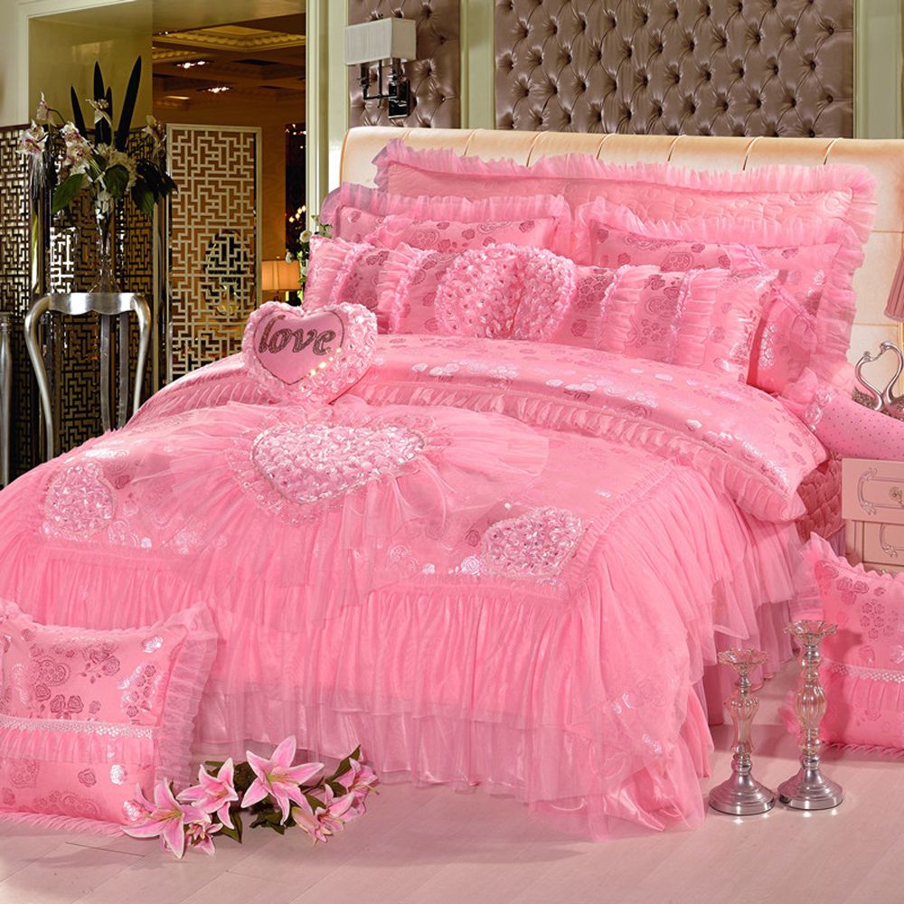 New Pink Red Jacquard Silk Princess Bedding Sets Silk Lace Ruffles