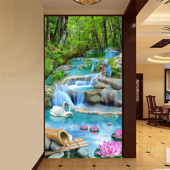 Custom Mural Wall Paper Forest Creek Waterfall 3d Landscape Wall