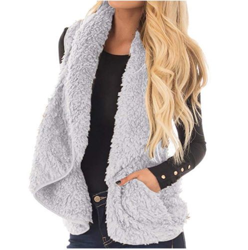 Ladies Casual Winter Warm Solid Pocket Outwear Women Autumn Sleeveless Faux Fur Vest Coat