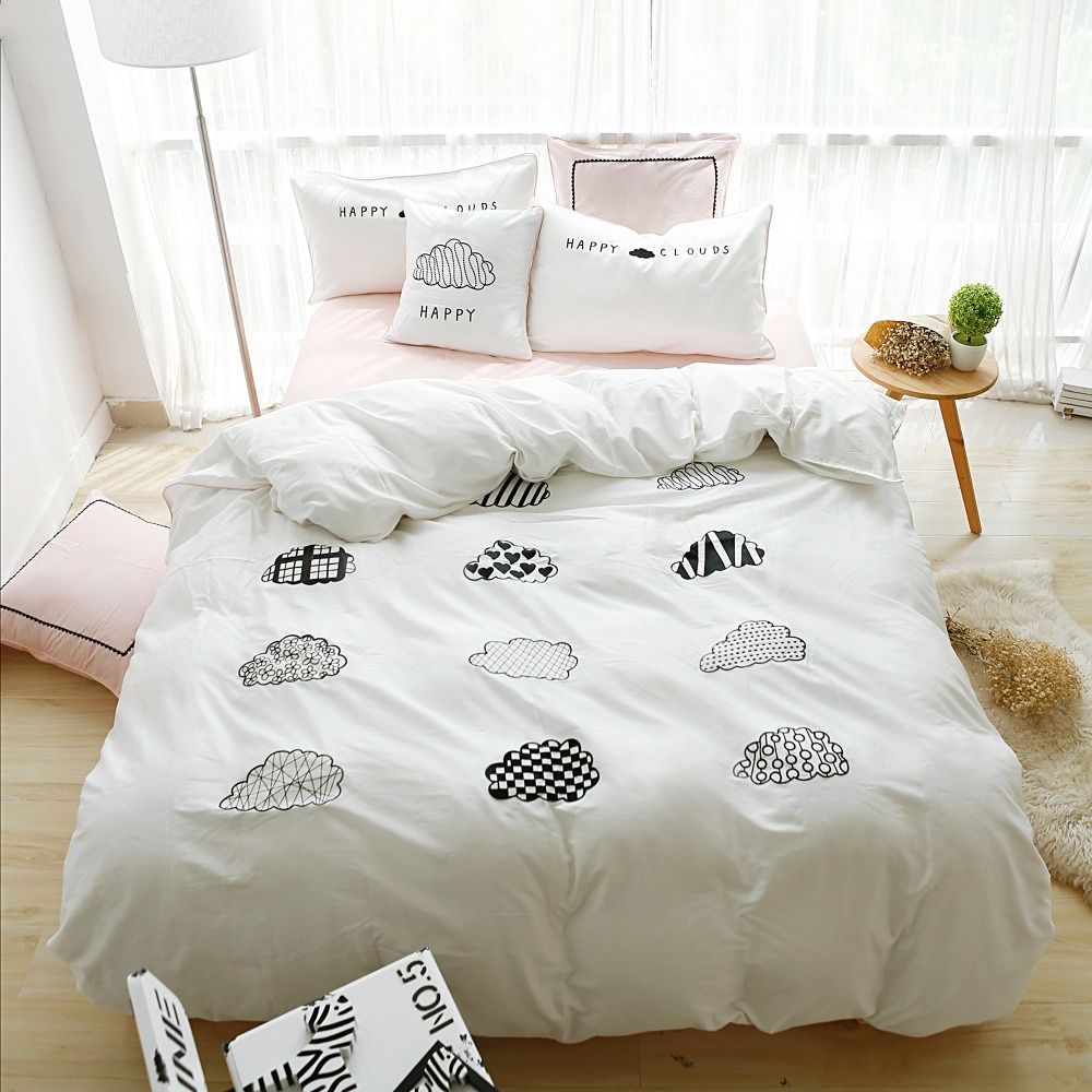 Solid Color White Bedding Set With Clouds Embroidered Duvet Cover Solid Color White Bedding Set With Clouds Embroidered Duvet Cover Kids Full Size Bed Linen Cartoon Pink Sheet Queen Canada 2019 From Easefit