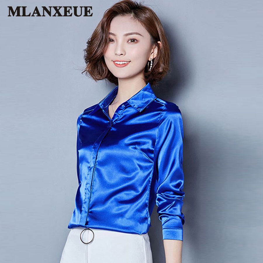Acheter 2018 Femmes Satin Chemisier En Soie Bouton Revers ...