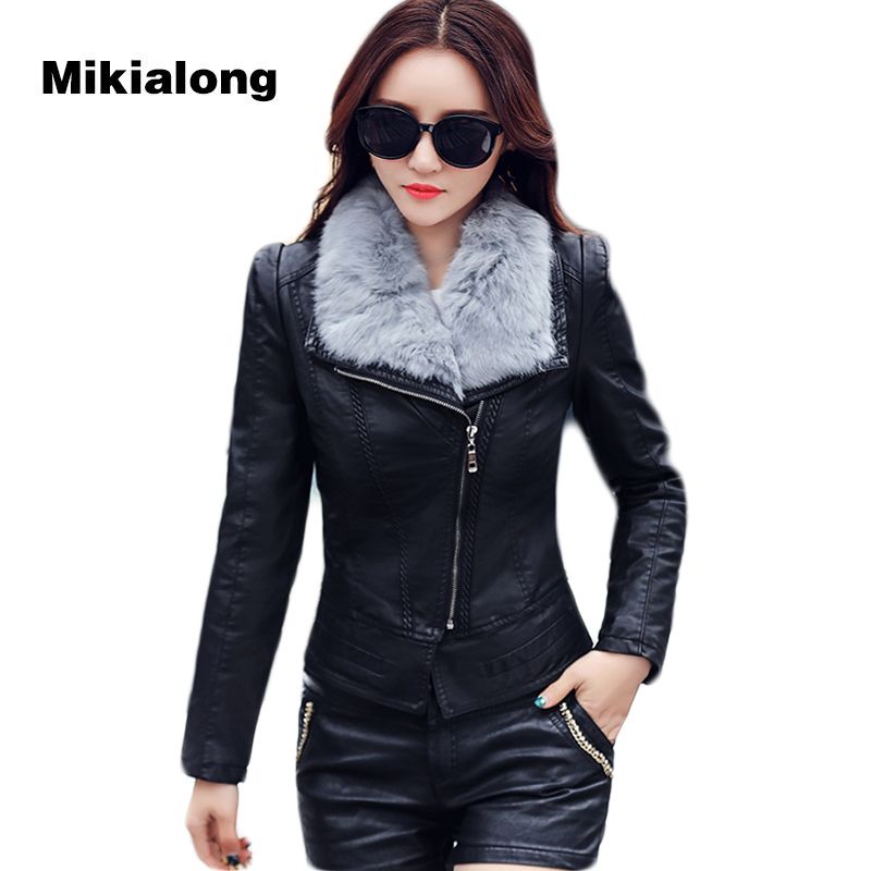 2018 Mikialong Fur Collar Detachable Women S Leather Motorcycle 2018 Mikialong Fur Collar Detachable Women S Leather Motorcycle Outwear Faux Coat Biker Jacket Perfecto Femme From Maoyili
