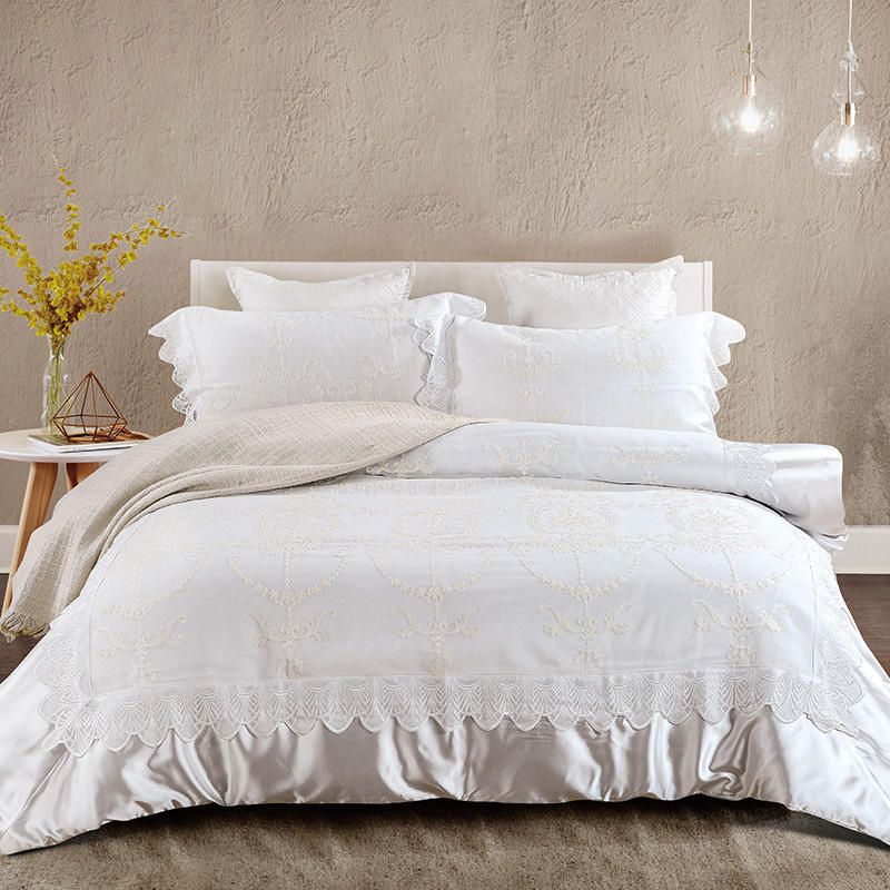 1000tc Bedding Set Queen Size Luxury Silk Comforter Cover White 1000tc Bedding Set Queen Size Luxury Silk Comforter Cover White Flower Embroidery Bed Home Decor Wedding Sheet Pink Full Sets Silver