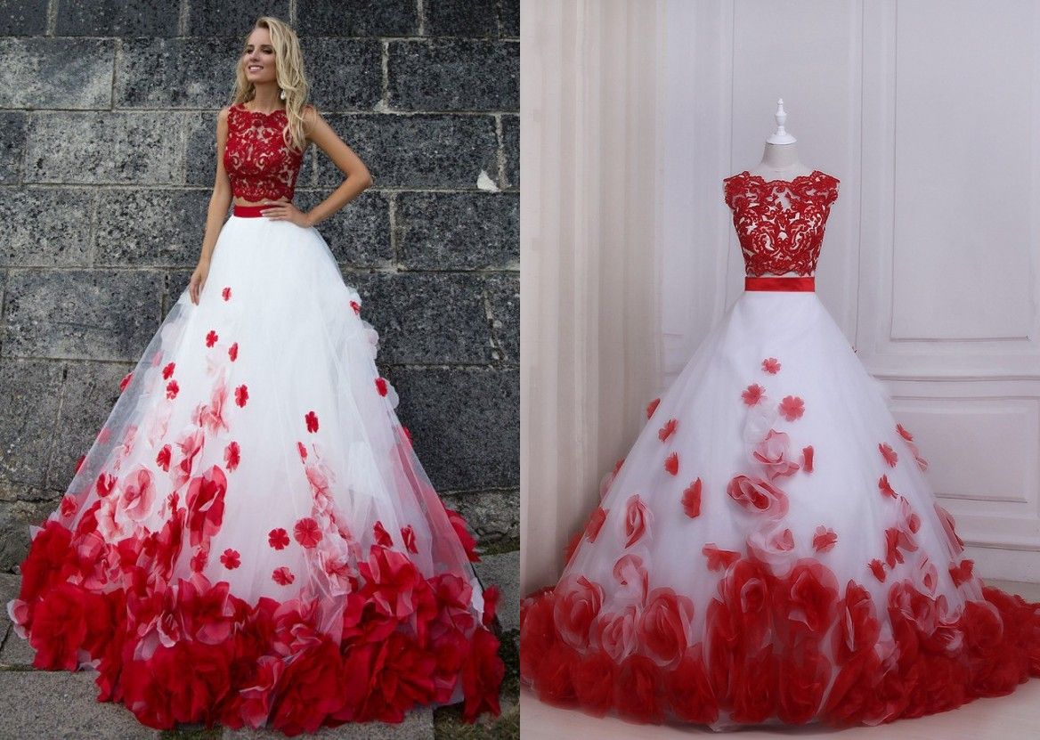 Red And White Ball Gown Prom Dresses Two Pieces New Cheap Jewel Neck