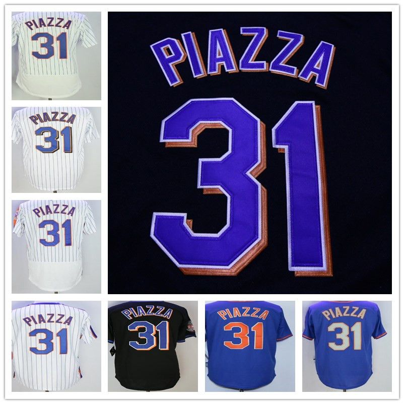Stitched #31 Mike Piazza Jersey White Pinstripe Blue Pulldown Black Mesh Batting Practice 