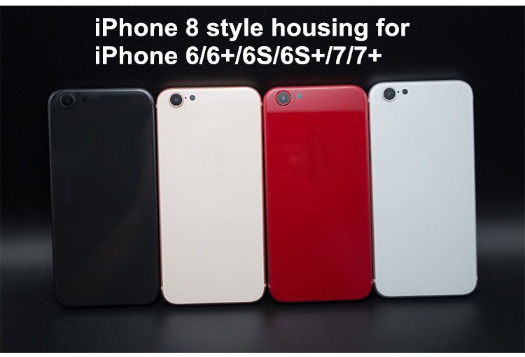 For iPhone 6 6S 7 Plus Back Housing Like iPhone 8 Style Battery Door Black Red Metal Glass Rear Cover with Side Buttons