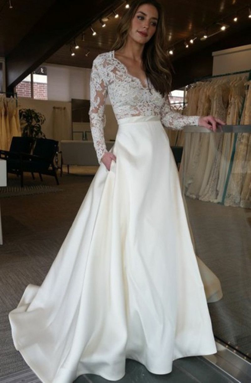 satin a line wedding dress with pockets