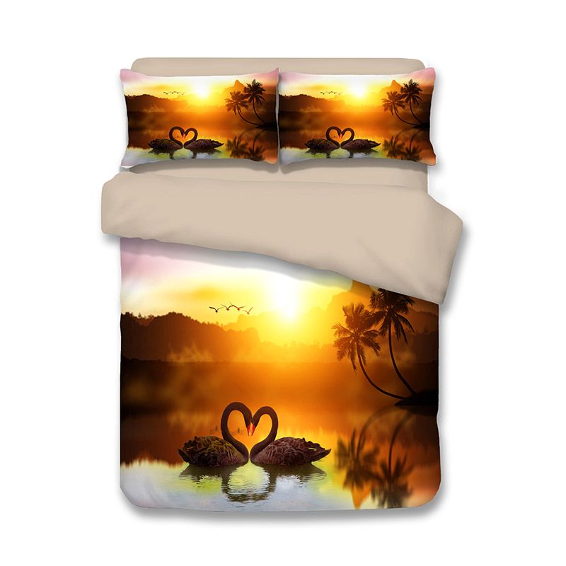 Free Beautiful Swans Lake Palm Tree Sunset Pattern Bedding Set Duvet Quilt Cover With 2 Pillowcase Twin Full Queen King Size