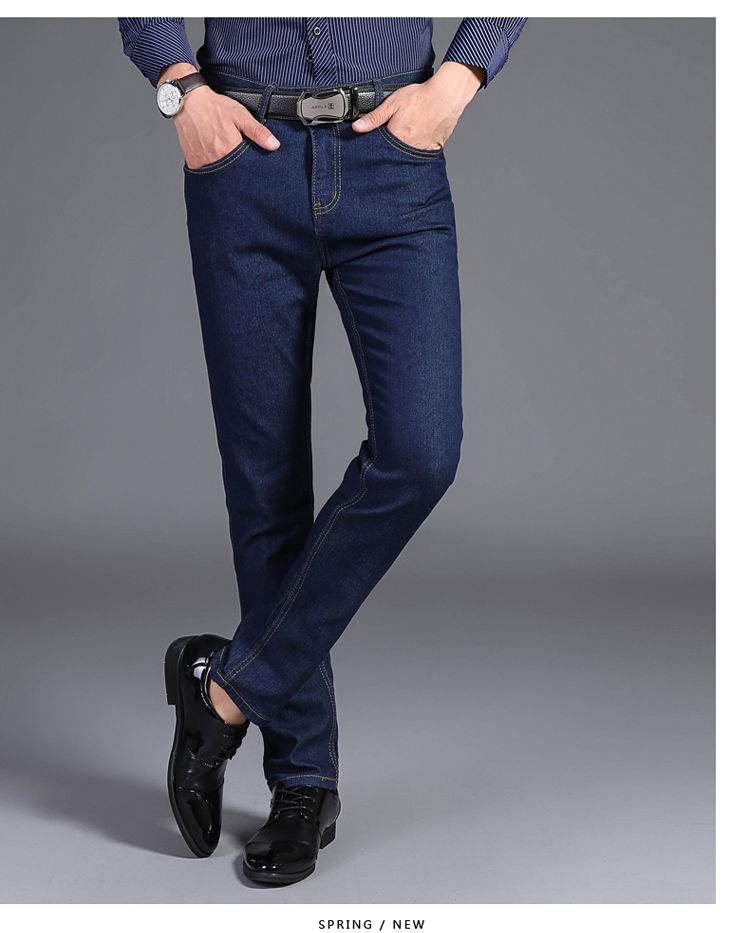 2020 Mens Solid Color Business Jeans Mens Straight Blue Business Casual