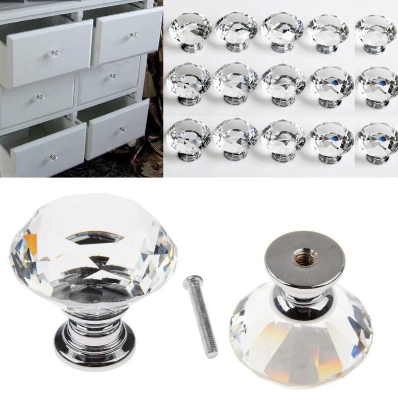 2020 30mm Diamond Crystal Glass Door Knobs Drawer Cabinet