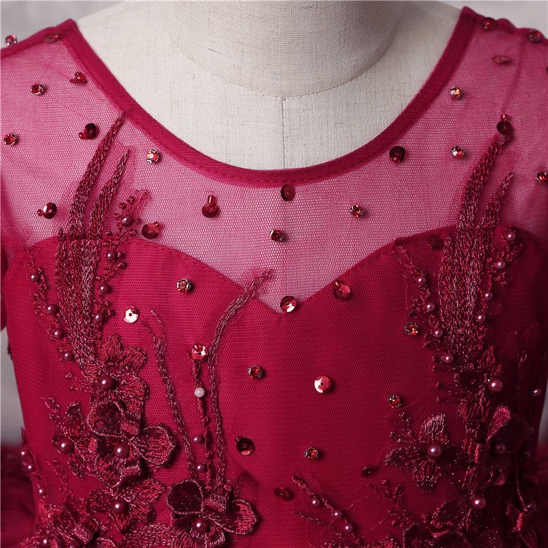 Удивительные многослойные девушки Pageant платья темно-красные кружева с длинными рукавами аппликации бусы платья девушки цветка для свадьбы длинное платье партии поезд