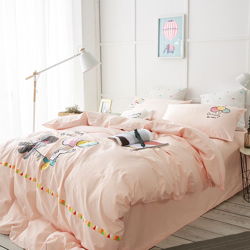 Children Cartoon Bedding Sets Elephant Pattern Printing Including Soft Cotton Pale Pink Flat Sheet Quilt Cover Pillow Case