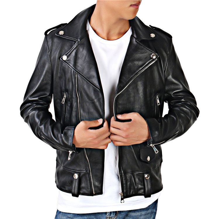 New Slim Type Men S Leather Sheep Skin Motorcycle Jacket Lapel Oblique Zipper Short Paragraph Tide Dress