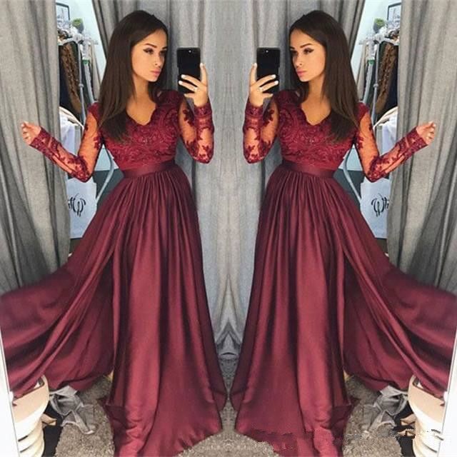 burgundy prom dress with sleeves