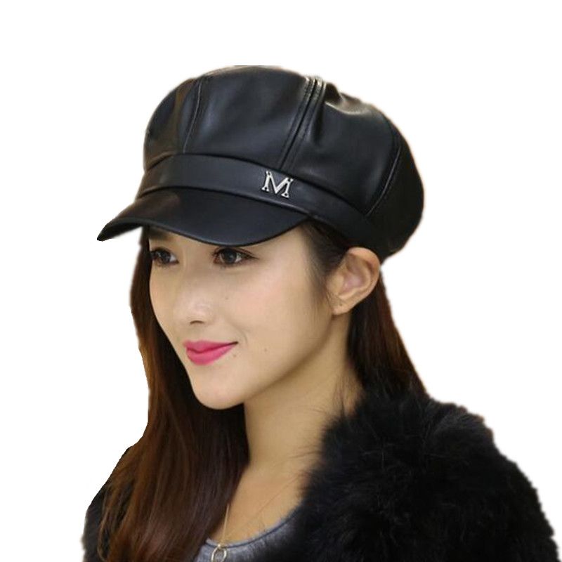 beret hat pu hats leather winter newsboy painter boinas cap england male female larger